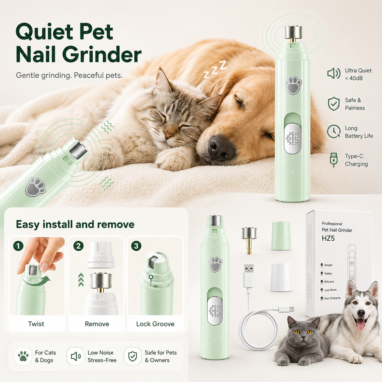 Rechargeable Electric Dog Nail Grinder - Painless Trimming for Small and Large Pets with Adjustable Speeds and Diamond Grinding Wheel