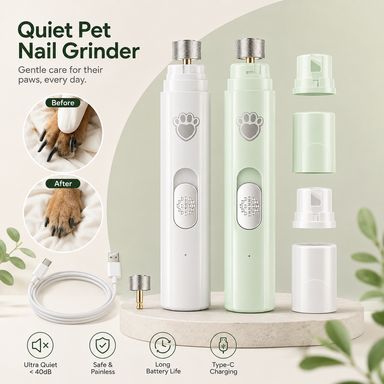 Rechargeable Electric Dog Nail Grinder - Painless Trimming for Small and Large Pets with Adjustable Speeds and Diamond Grinding Wheel