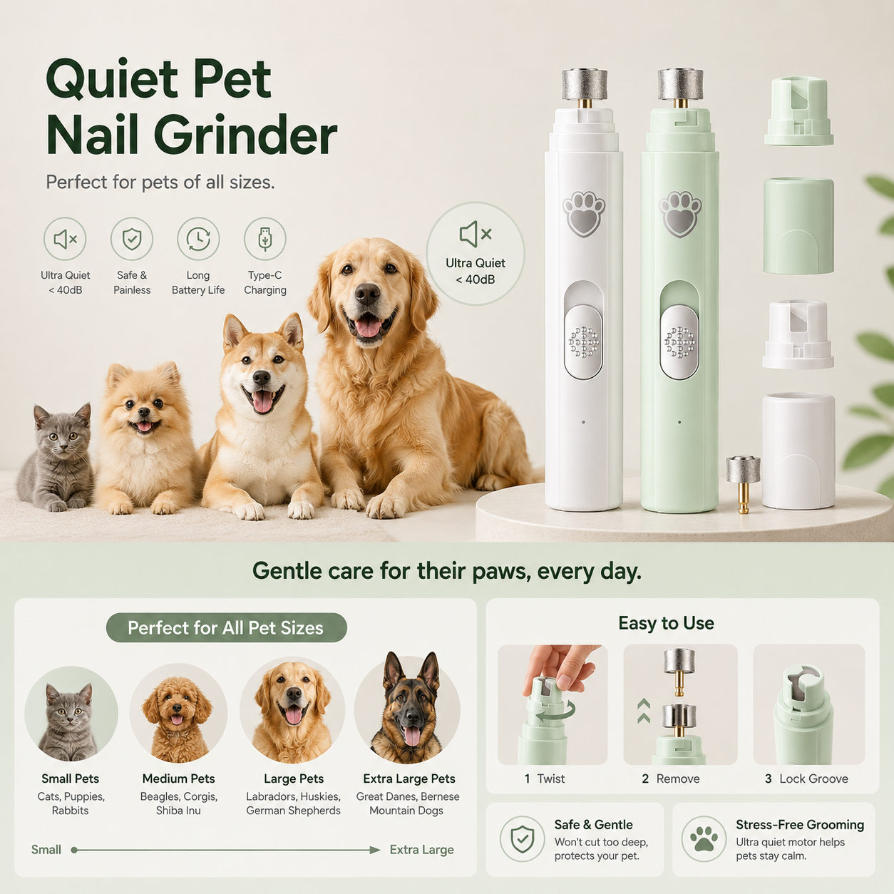 Rechargeable Electric Dog Nail Grinder - Painless Trimming for Small and Large Pets with Adjustable Speeds and Diamond Grinding Wheel